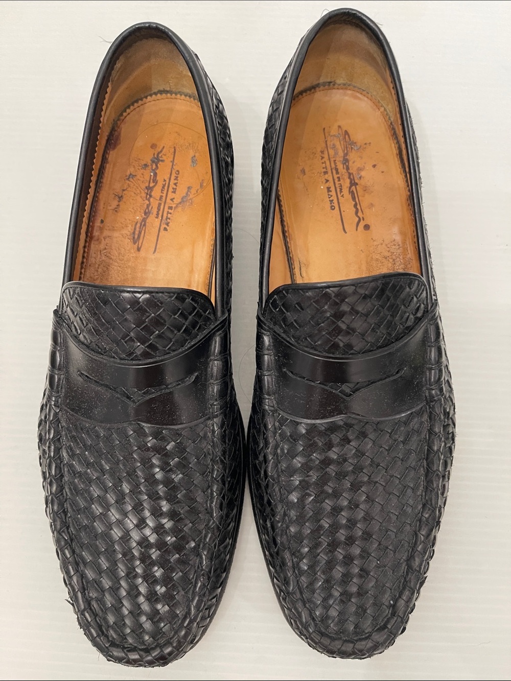 Santoni Black Woven Leather Penny Loafers Made In Italy Dress Shoes Mens S 10.5